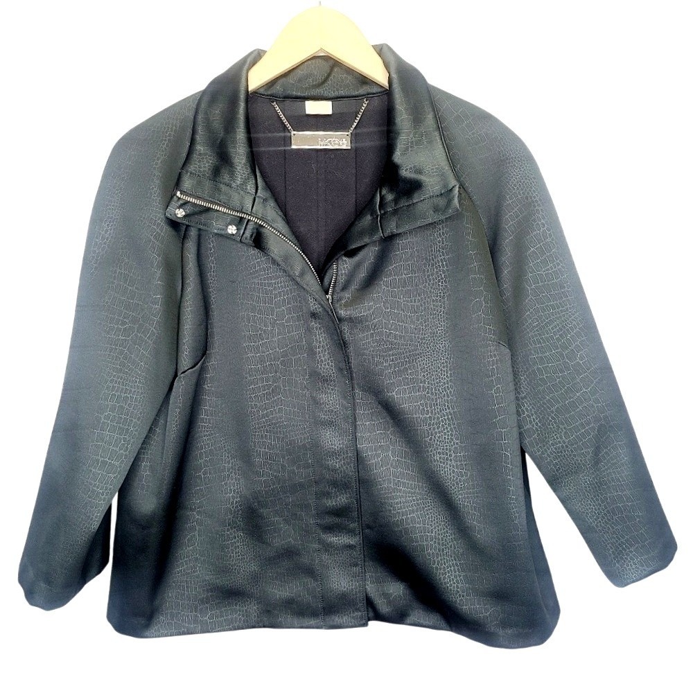 Michael Kors Womens Black Croc Embossed Satin Zip Up‎ Jacket Large L/G